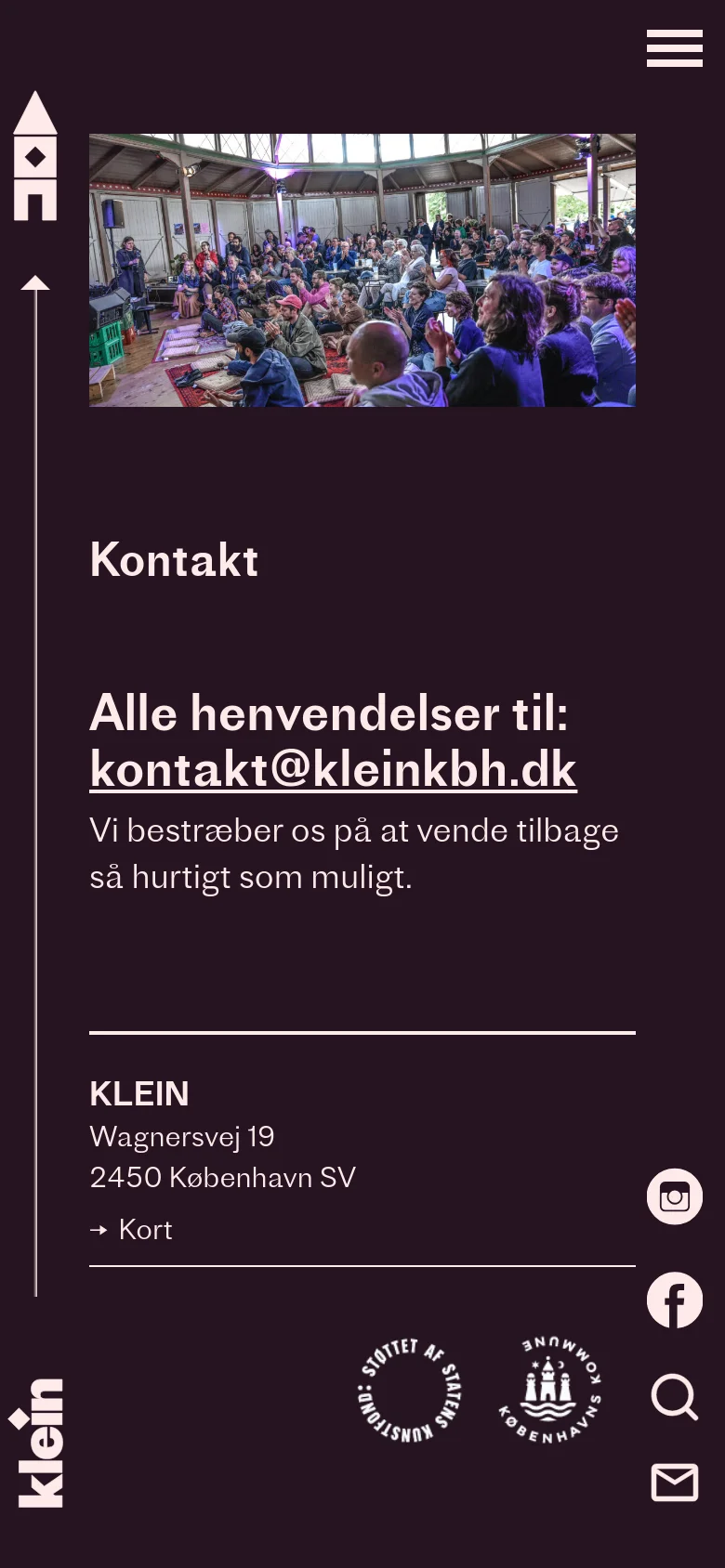 The mobile version uses a vertical layout with the hero image at the top, followed by the 'Kontakt' headline and email address in large white text. The navigation is collapsed into a hamburger menu icon at the top right, and the footer includes organizational logos and a vertical column of social media and search icons.