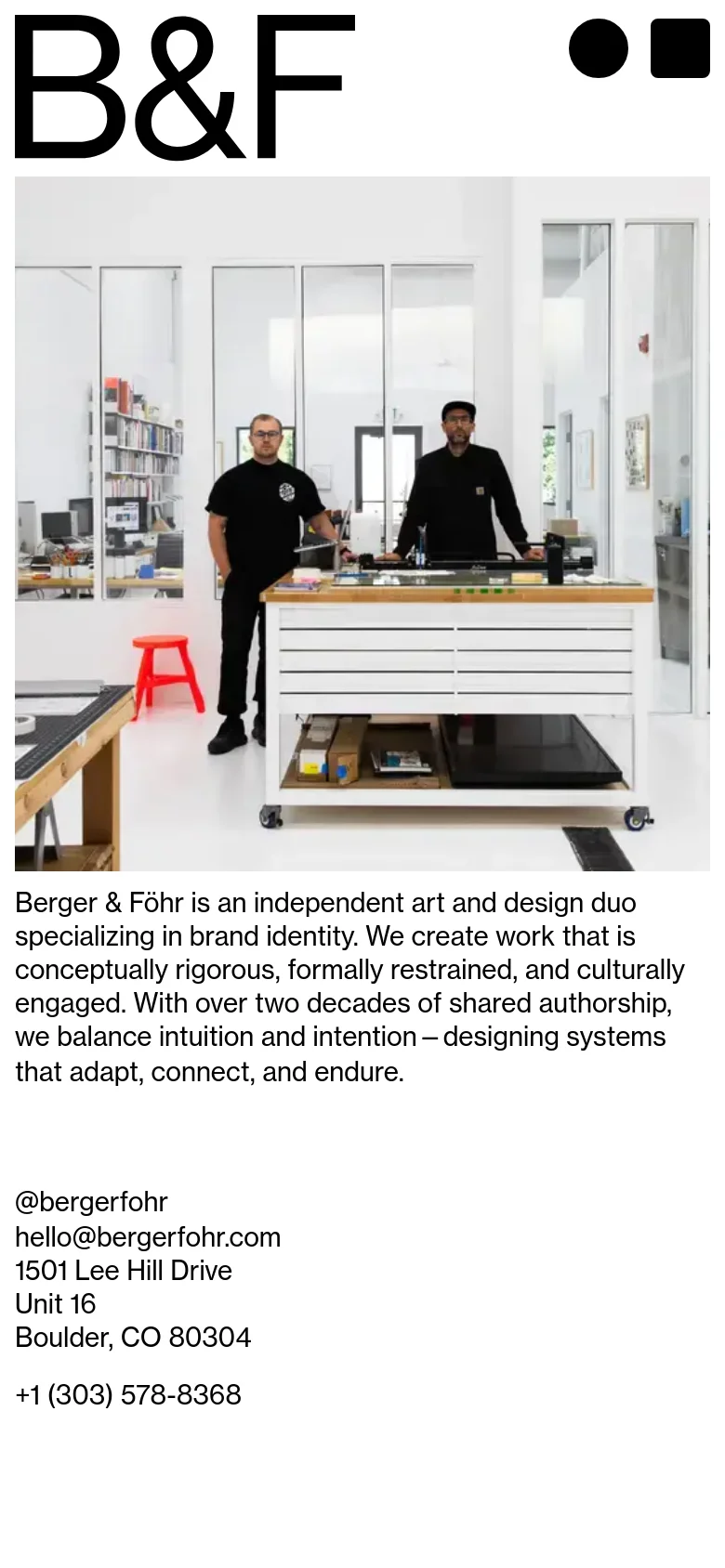 The mobile version maintains the large 'B&F' logo and hero image at the top, but the layout shifts to a single-column vertical stack. The introductory text and contact information are positioned directly below the image rather than to the side, optimizing readability for smaller screens.