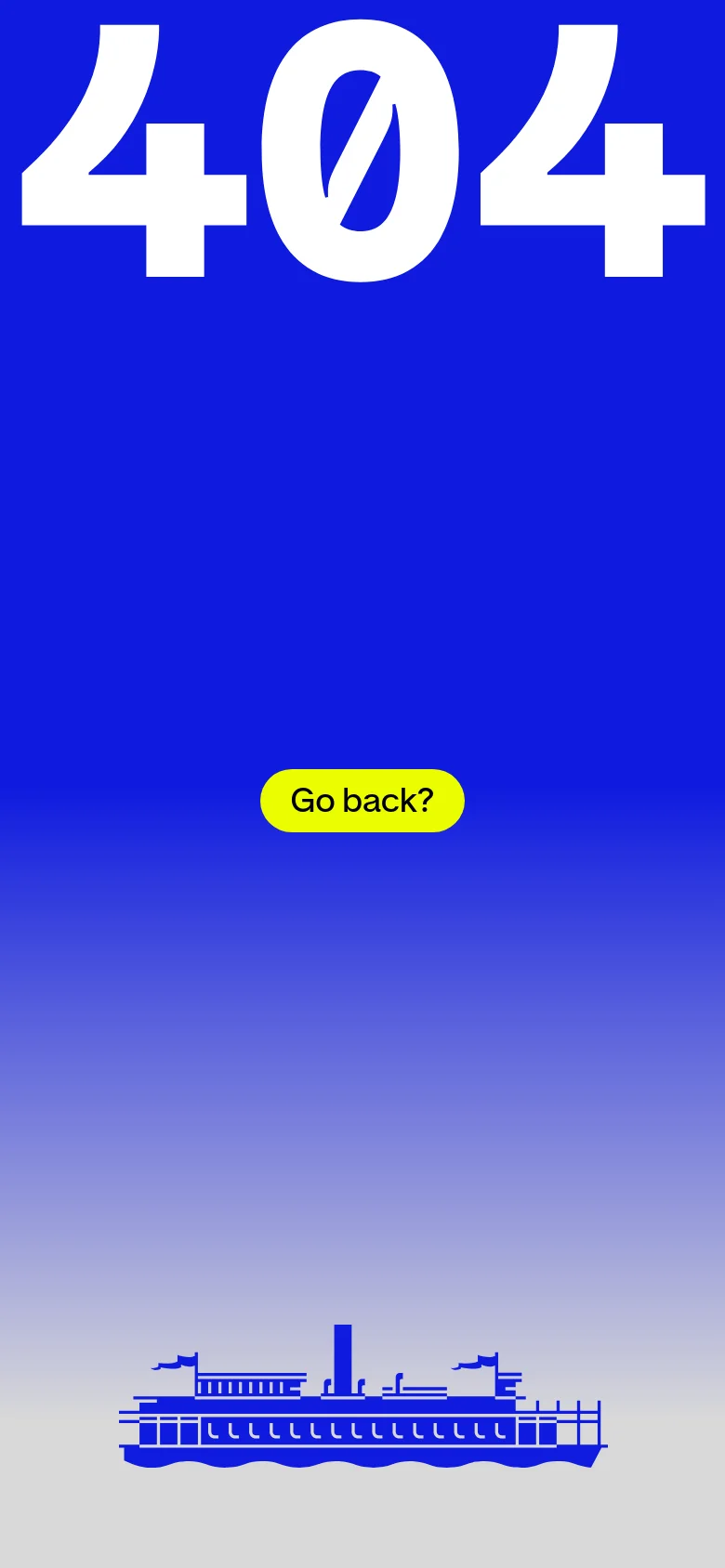 Landor mobile 404 page with vertically stacked elements including large white numbers, a centered yellow Go back? button, and a small blue ship icon at the bottom on a blue gradient background.