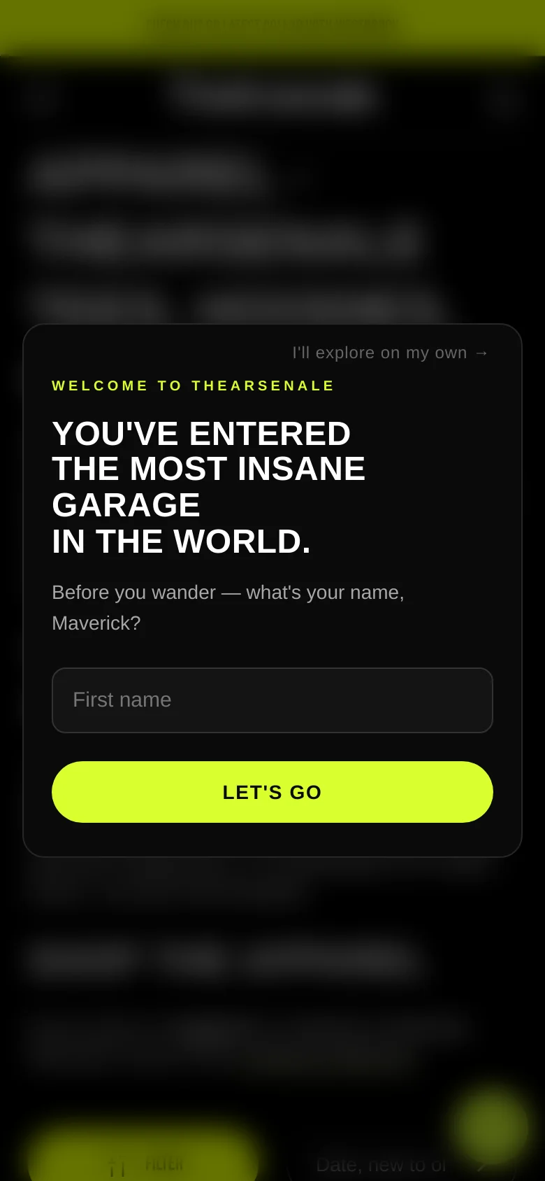The mobile version presents a condensed view of the dark-themed apparel page, with the central pop-up modal scaled to fit the screen width. The lime green 'LET'S GO' button and text input are centered, and the background content is heavily blurred. A lime green 'FILTER' button is visible at the bottom of the viewport.