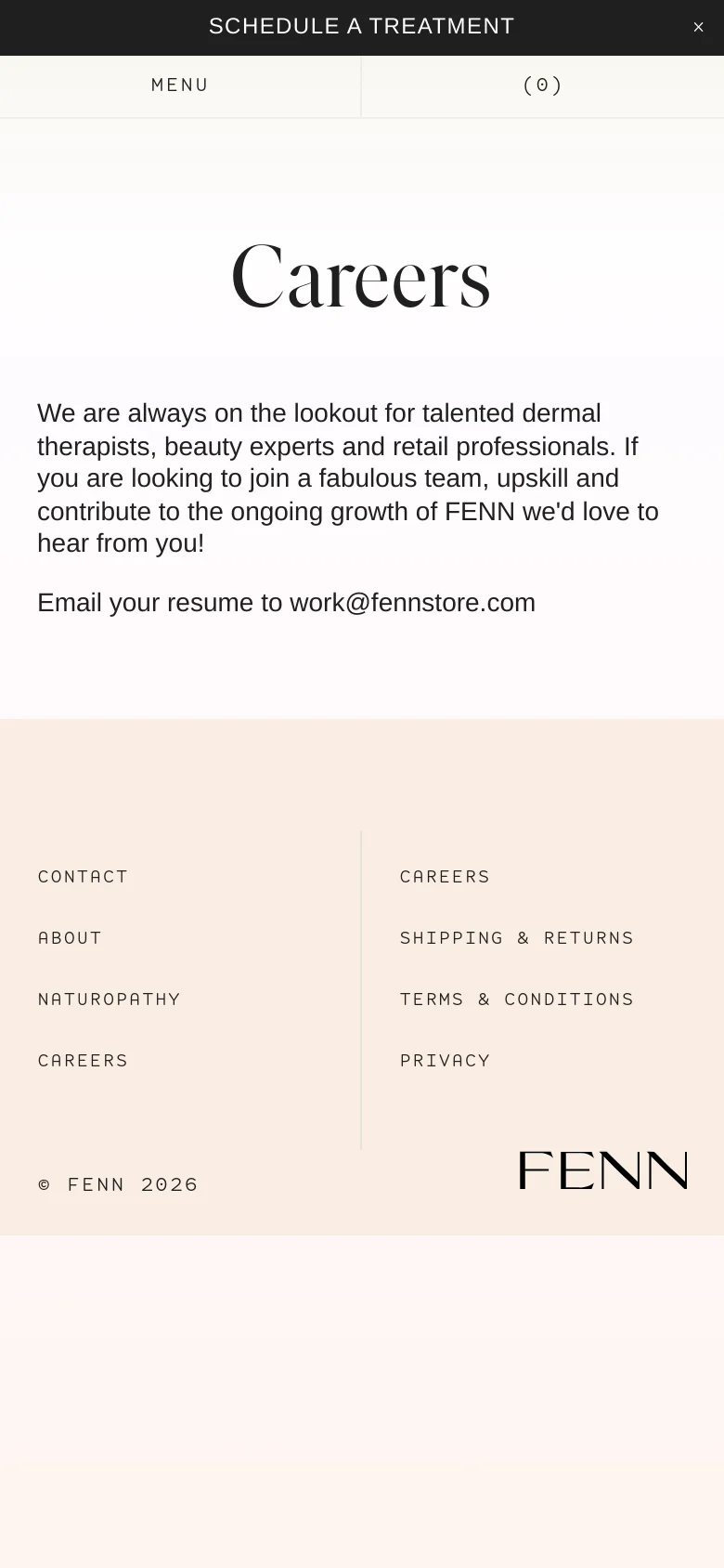 The mobile version maintains the minimalist cream aesthetic but uses a condensed layout. The 'Careers' headline and application instructions are centered, while the navigation is tucked into a 'MENU' button at the top left. The footer links are stacked vertically in two columns, and the FENN logo is prominently displayed at the bottom right.