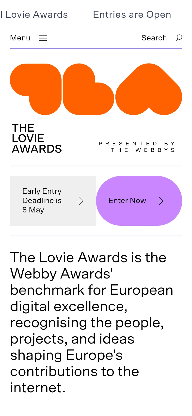 The mobile version presents a vertically stacked layout with the large orange heart graphic at the top. The headline and description follow below, and the 'Enter Now' call to action is centered within a purple button. The navigation is condensed into a 'Menu' hamburger icon and a 'Search' icon at the top of the screen.
