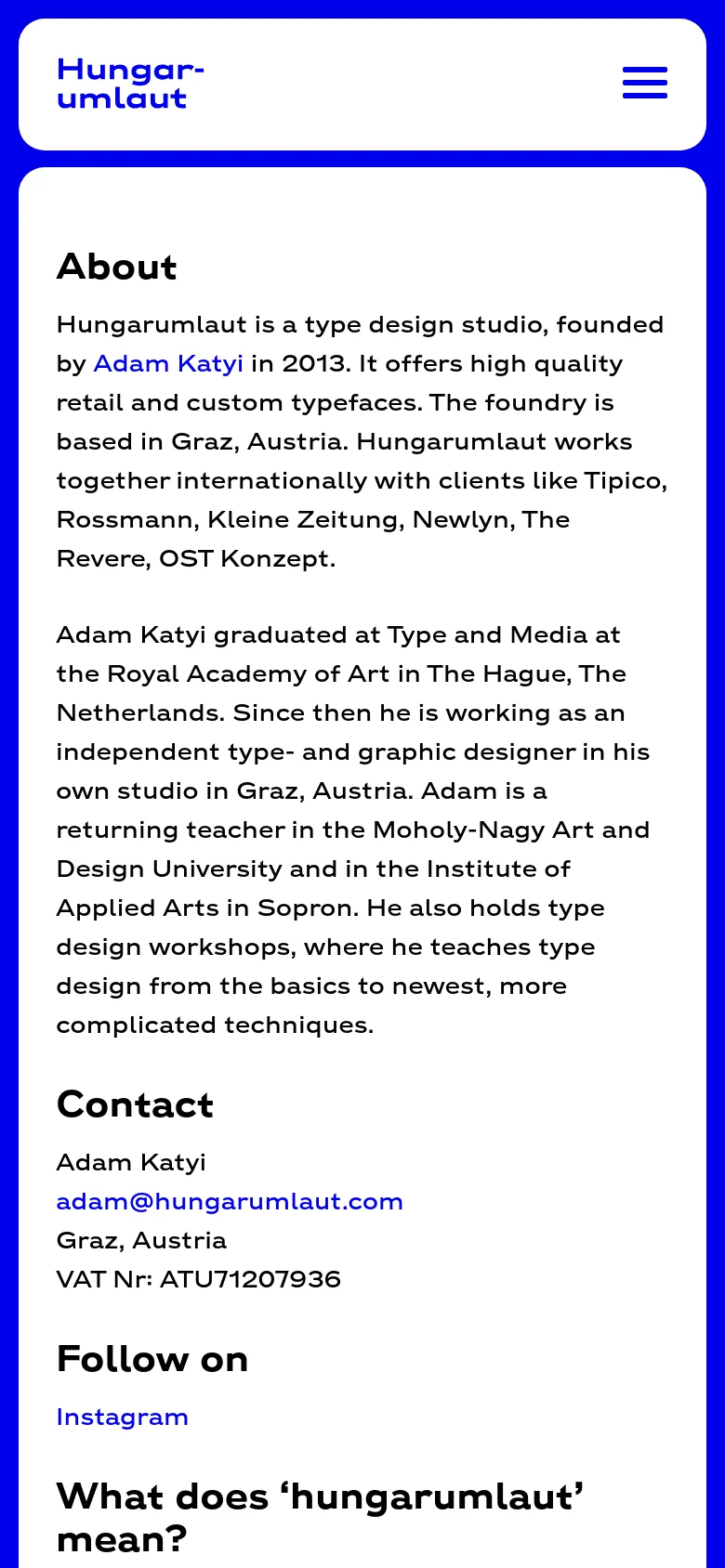The mobile version simplifies the layout into a single column with a white background and a blue header containing the Hungarumlaut logo and a hamburger menu icon. The content is stacked vertically, showing the About, Contact, and Follow on sections in a continuous scroll, removing the side navigation bar seen on desktop.