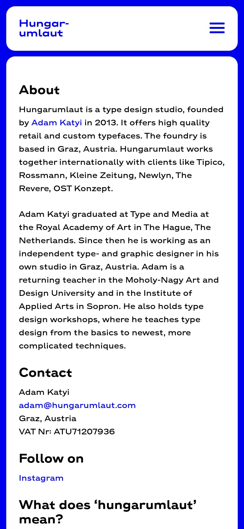 The mobile version simplifies the layout into a single column with a white background and a blue header containing the Hungarumlaut logo and a hamburger menu icon. The content is stacked vertically, showing the About, Contact, and Follow on sections in a continuous scroll, removing the side navigation bar seen on desktop.