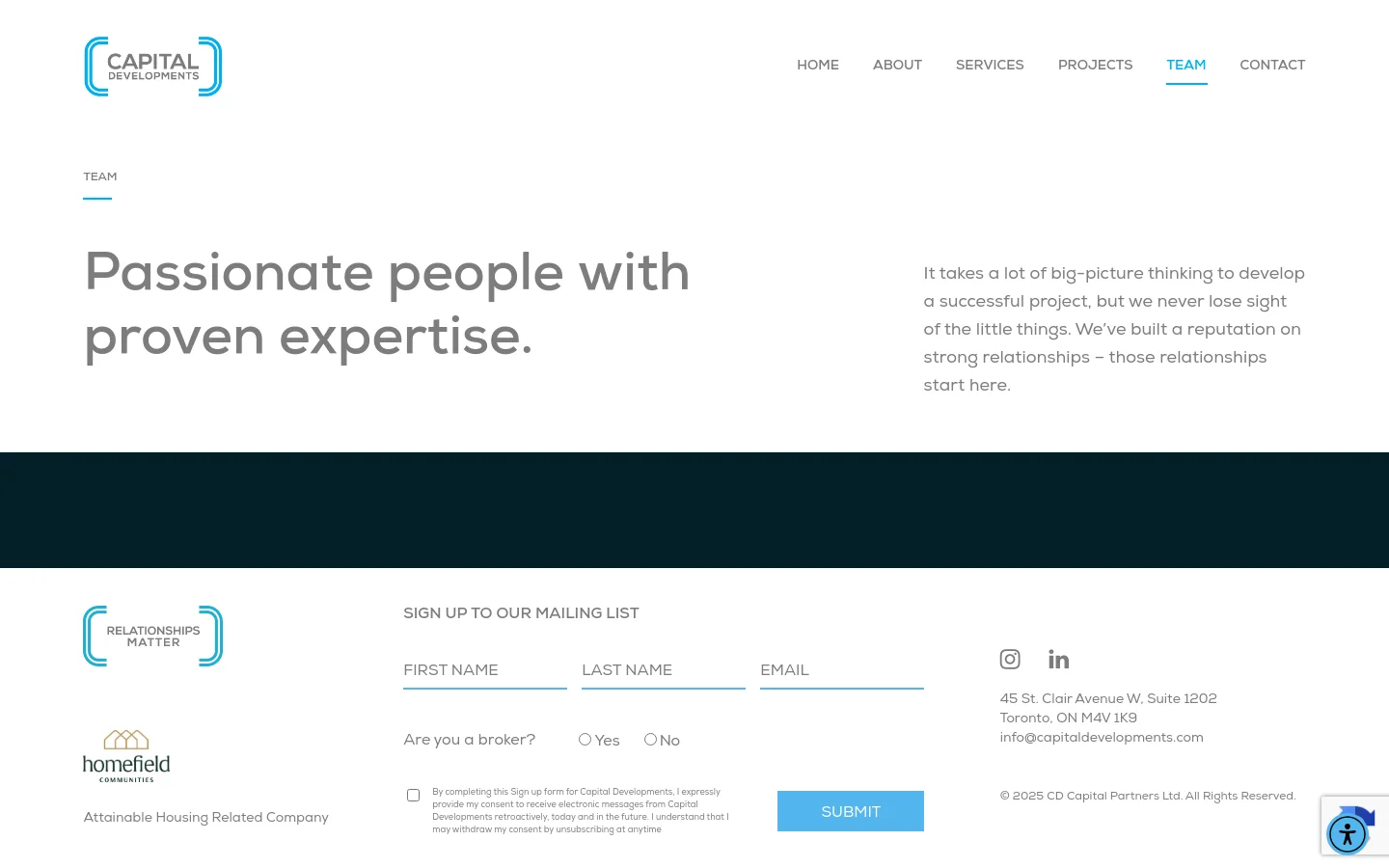 The desktop version of the Team page features a clean, minimalist layout with a white background and dark navy accents. A large headline reads 'Passionate people with proven expertise' on the left, balanced by a paragraph of descriptive text on the right. The navigation menu is at the top right, and a dark navy footer contains a mailing list signup form and company contact information.