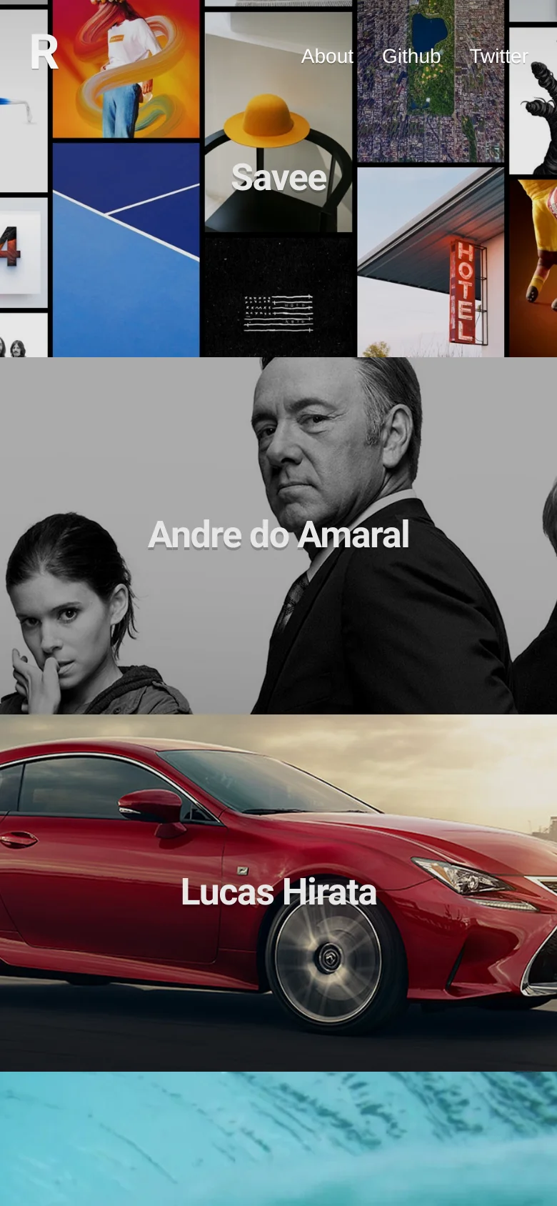 The mobile version of the portfolio simplifies the layout into a single-column vertical scroll of large project images. The header text 'Ramon Fritsch' and navigation links are repositioned to accommodate the narrow screen, and the project tiles appear larger and more stacked compared to the desktop grid.