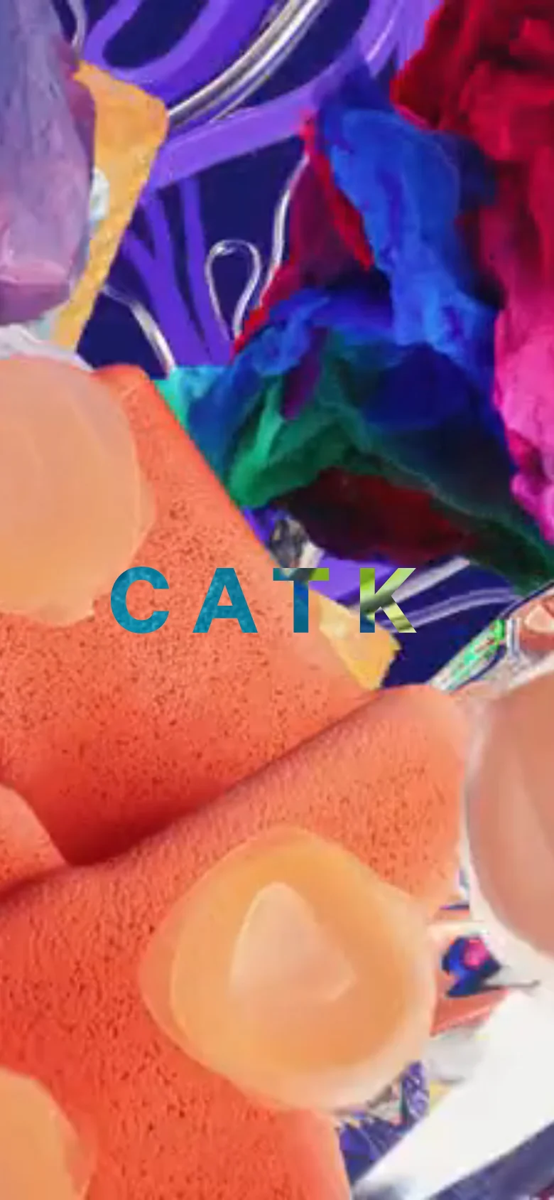 The mobile version presents a vertically oriented, full-screen hero image with vibrant, abstract textures and the 'CATK' logo centered. The layout shifts to a single-column stack for the project portfolio, making the large imagery the primary focus. The navigation is simplified to accommodate the smaller screen width.