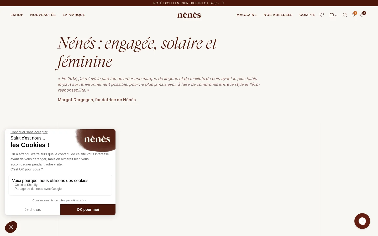 The desktop page features a clean, minimalist layout with a white background and elegant serif typography. A large headline introduces the brand mission, followed by a quote from founder Margot Dargegen and a video placeholder. Below, three distinct sections for 'Histoire', 'Engagements', and 'Durabilité' are arranged vertically, each featuring a large lifestyle image with a call-to-action link.