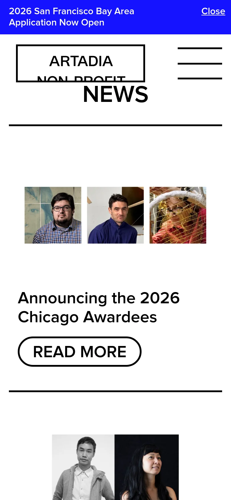 The mobile version presents a stacked layout with the 'NEWS' heading and a hamburger menu icon at the top. The news entry 'Announcing the 2026 Chicago Awardees' follows, with the three artist portraits appearing above the headline and 'READ MORE' button instead of beside it. The blue application banner remains at the very top of the screen.