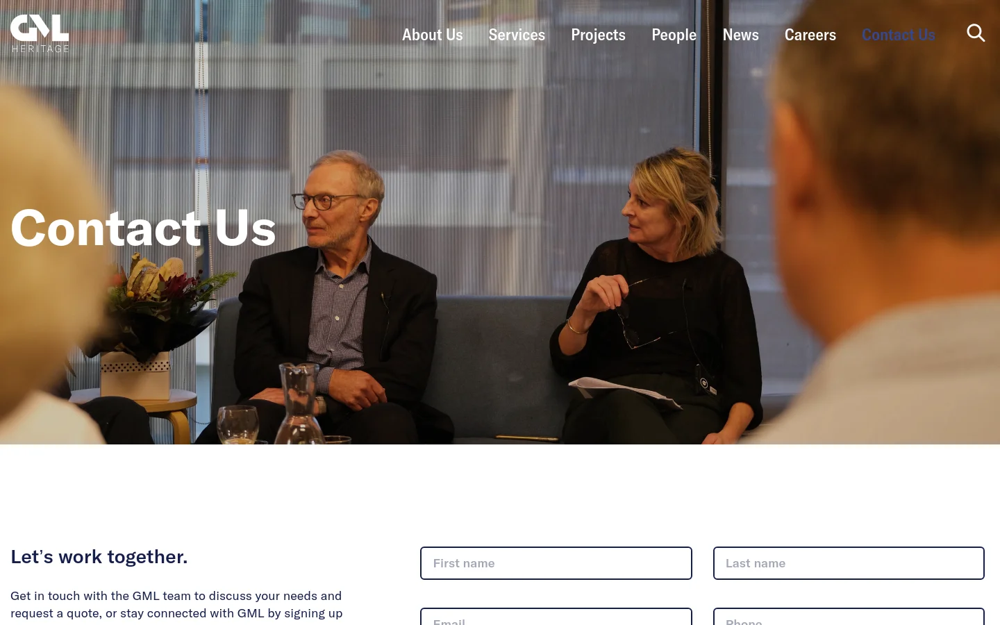 The desktop page features a large hero image of a professional meeting in a bright office, overlaid with the large white heading 'Contact Us'. Below the hero, a white section contains the headline 'Let's work together' followed by a contact form with input fields for name, email, and phone, alongside contact details for Sydney, Canberra, and Melbourne offices.