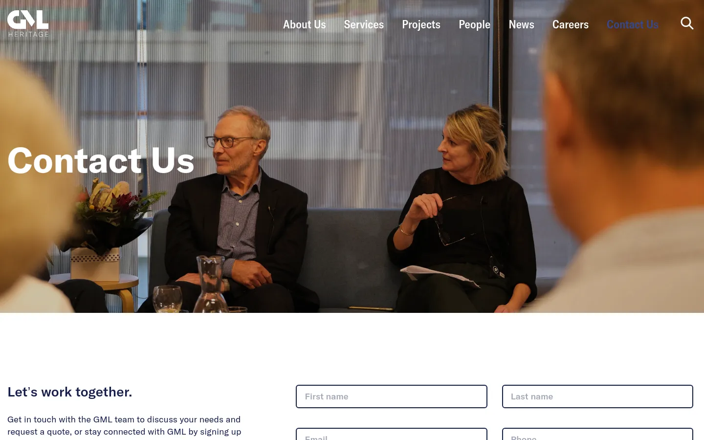 The desktop page features a large hero image of a professional meeting in a bright office, overlaid with the large white heading 'Contact Us'. Below the hero, a white section contains the headline 'Let's work together' followed by a contact form with input fields for name, email, and phone, alongside contact details for Sydney, Canberra, and Melbourne offices.