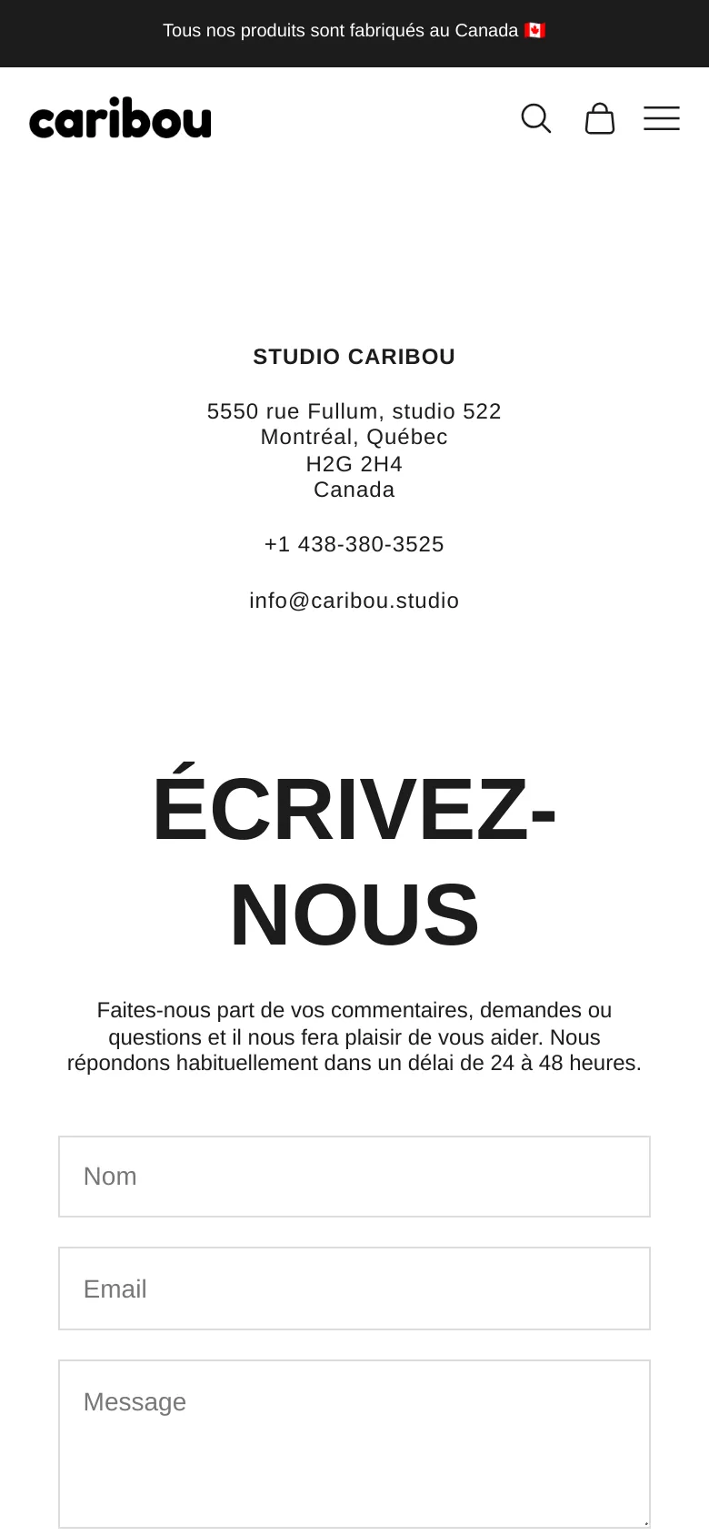 The mobile version maintains the minimalist white and black aesthetic but uses a stacked layout. The navigation menu is condensed into a hamburger icon, and the contact form fields and 'ÉCRIVEZ-NOUS' headline are scaled to fit the narrower screen width.