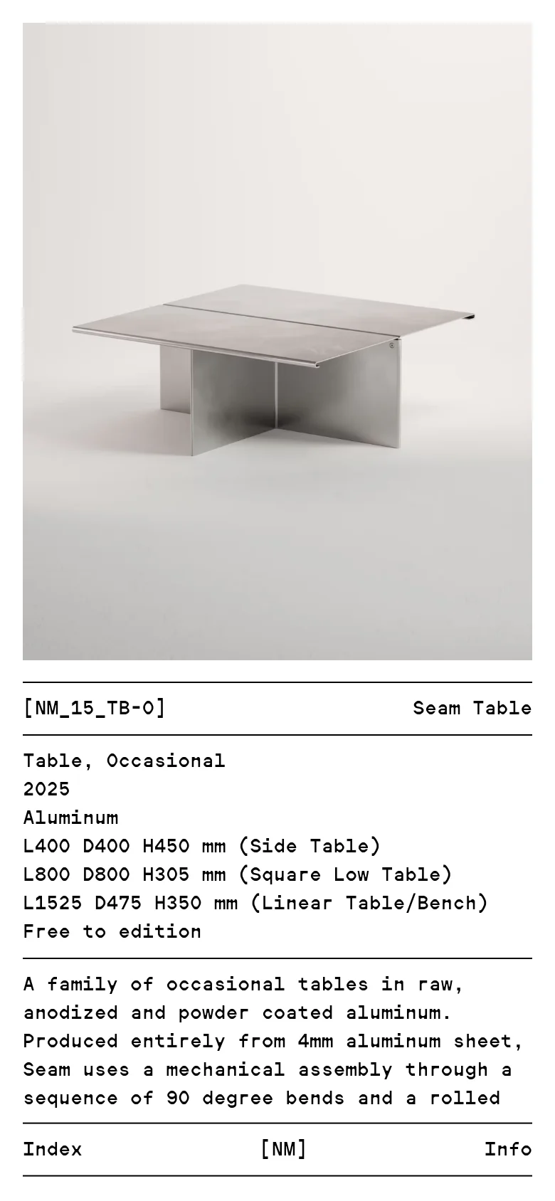 The mobile version presents a vertically stacked layout, starting with a large image of the aluminum Seam Table. The product details, including dimensions and a descriptive paragraph about the mechanical assembly, follow below the image in a single column for easy scrolling. The navigation bar is condensed at the bottom of the screen.