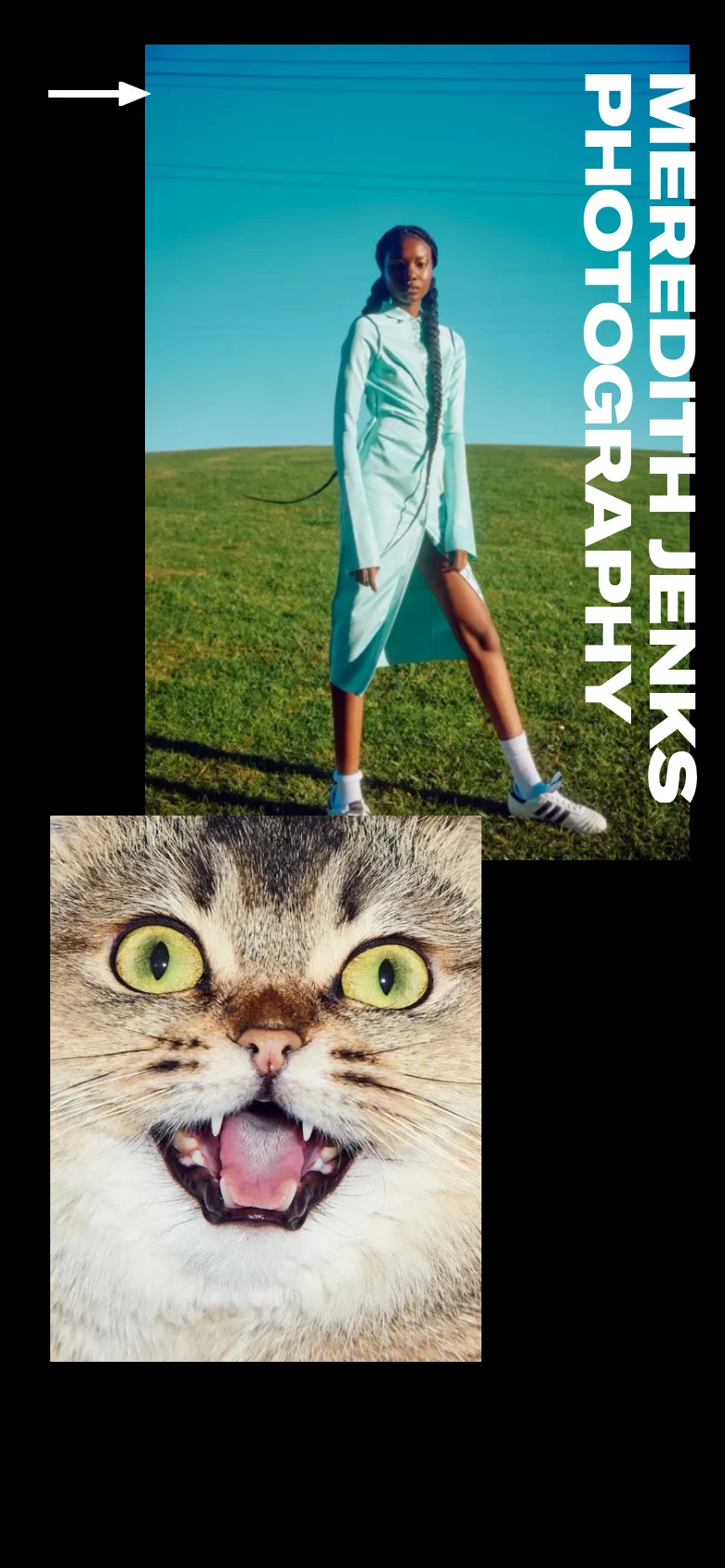 The mobile version presents a simplified, single-column vertical scroll of the photography portfolio. The layout shifts from a collage to large, full-width images stacked on top of each other, with the menu button and branding elements repositioned for a narrow screen.