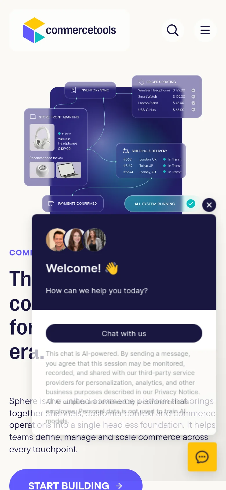 Mobile version of the landing page with a condensed layout and a hamburger menu icon at the top right. The hero graphic is stacked vertically, and a large 'Welcome!' AI chat window overlay occupies the bottom half of the screen. The primary 'Start Building' call to action is a prominent blue button at the bottom of the viewport.