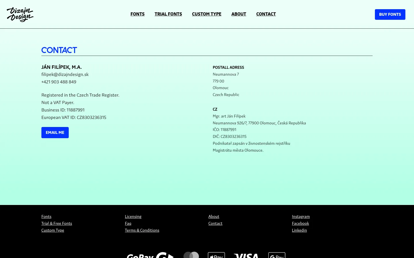 The desktop Contact page features a minimalist design with a light mint green background and black text. A navigation bar at the top includes links for Fonts, Trial Fonts, Custom Type, About, and Contact, alongside a blue 'Buy Fonts' button. The main content displays contact details for Ján Filípek, M.A., including email, phone, business registration info, and a postal address, with a prominent blue 'Email Me' button.