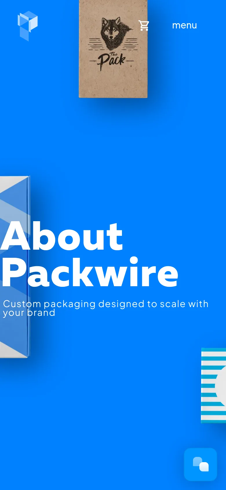The mobile version simplifies the layout with a bright blue background and large white 'About Packwire' text. The hero imagery is condensed, showing a brown box with a wolf illustration and a portion of a white and blue box. The top navigation is replaced by a minimalist header containing the Packwire logo, a shopping cart icon, and a 'menu' text link.