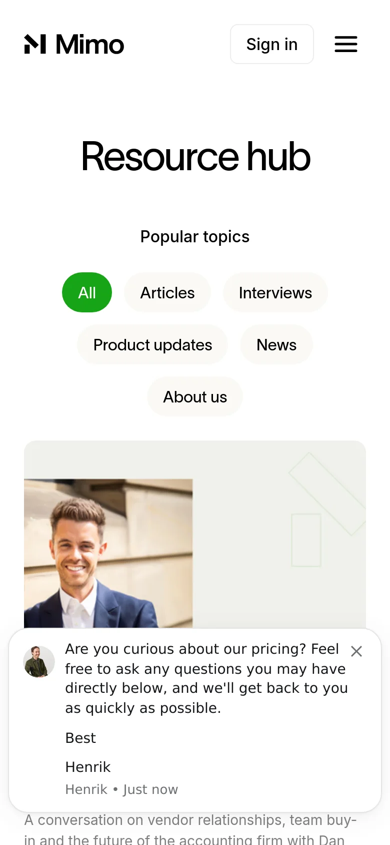 The mobile version simplifies the layout into a single-column view, with the 'Resource hub' headline and category filters stacked vertically. The navigation menu is condensed into a hamburger icon next to the Mimo logo, and the blog post cards occupy the full width of the screen, showing the image followed by text content.