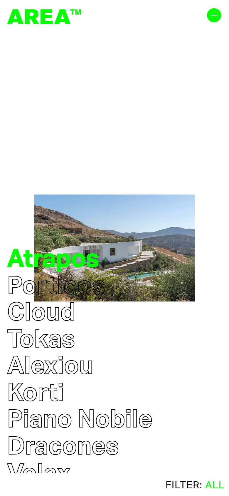 The mobile version simplifies the layout to a vertical stack, featuring the green 'AREA' logo at the top and a green plus icon on the right. The project list and featured landscape image are centered, and a 'FILTER: ALL' option is located at the bottom right of the screen.
