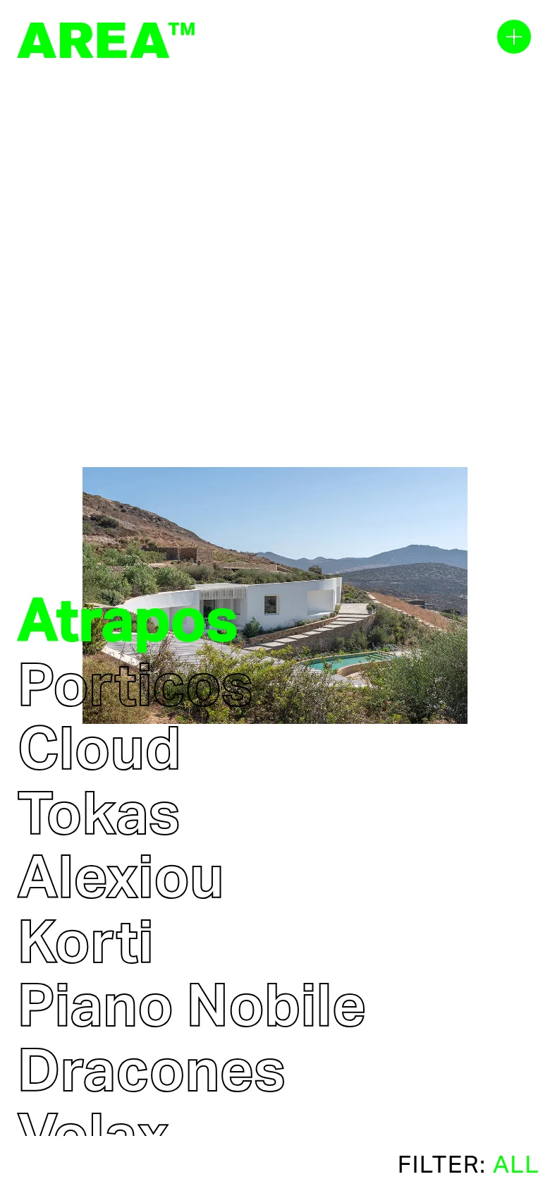 The mobile version simplifies the layout to a vertical stack, featuring the green 'AREA' logo at the top and a green plus icon on the right. The project list and featured landscape image are centered, and a 'FILTER: ALL' option is located at the bottom right of the screen.