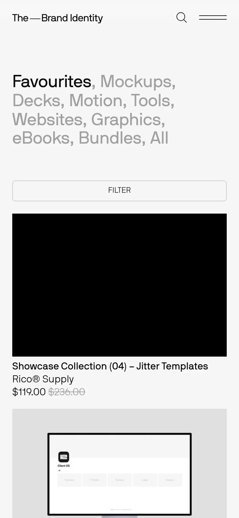 The mobile version simplifies the layout into a single-column vertical scroll. The category heading is stacked, and a prominent full-width 'FILTER' button sits above the product grid. Product cards are resized to fit the narrow screen, maintaining a clean, high-contrast aesthetic.
