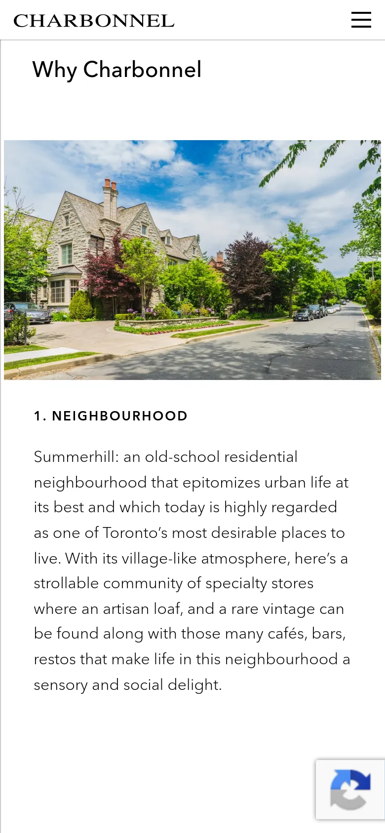 The mobile version simplifies the layout, stacking the 'Why Charbonnel' headline, the large streetscape hero image, and the neighbourhood text vertically. The top navigation is condensed into a hamburger menu icon next to the logo, and the side vertical text from the desktop version is removed to maximize screen space.