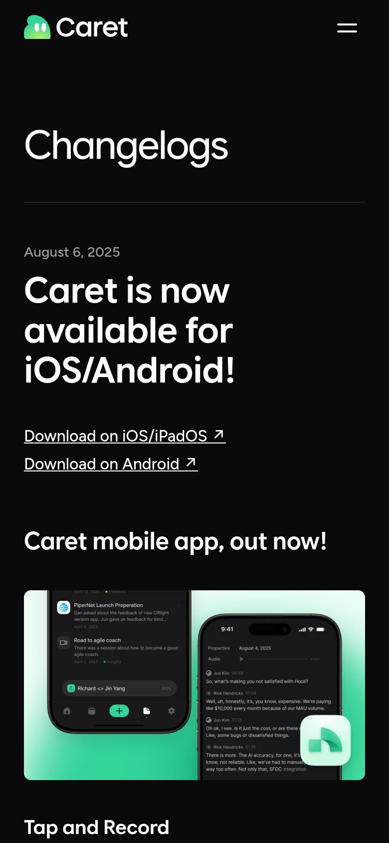 The mobile version maintains the dark theme but uses a single-column vertical layout for better readability. The 'Changelogs' title and update content are stacked vertically, with the mobile app preview image scaled to fit the width of the screen.