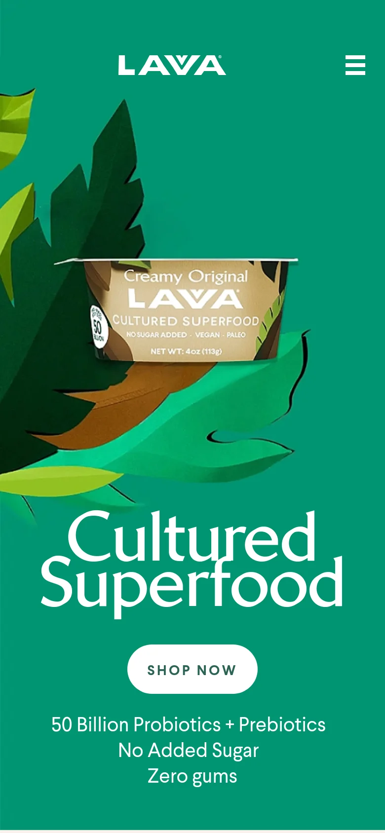 The mobile version presents a vertically stacked layout on a green background, focusing on the product container and large 'Cultured Superfood' headline. The navigation is condensed into a hamburger menu icon in the top right, and the 'SHOP NOW' button is prominently centered below the main text.
