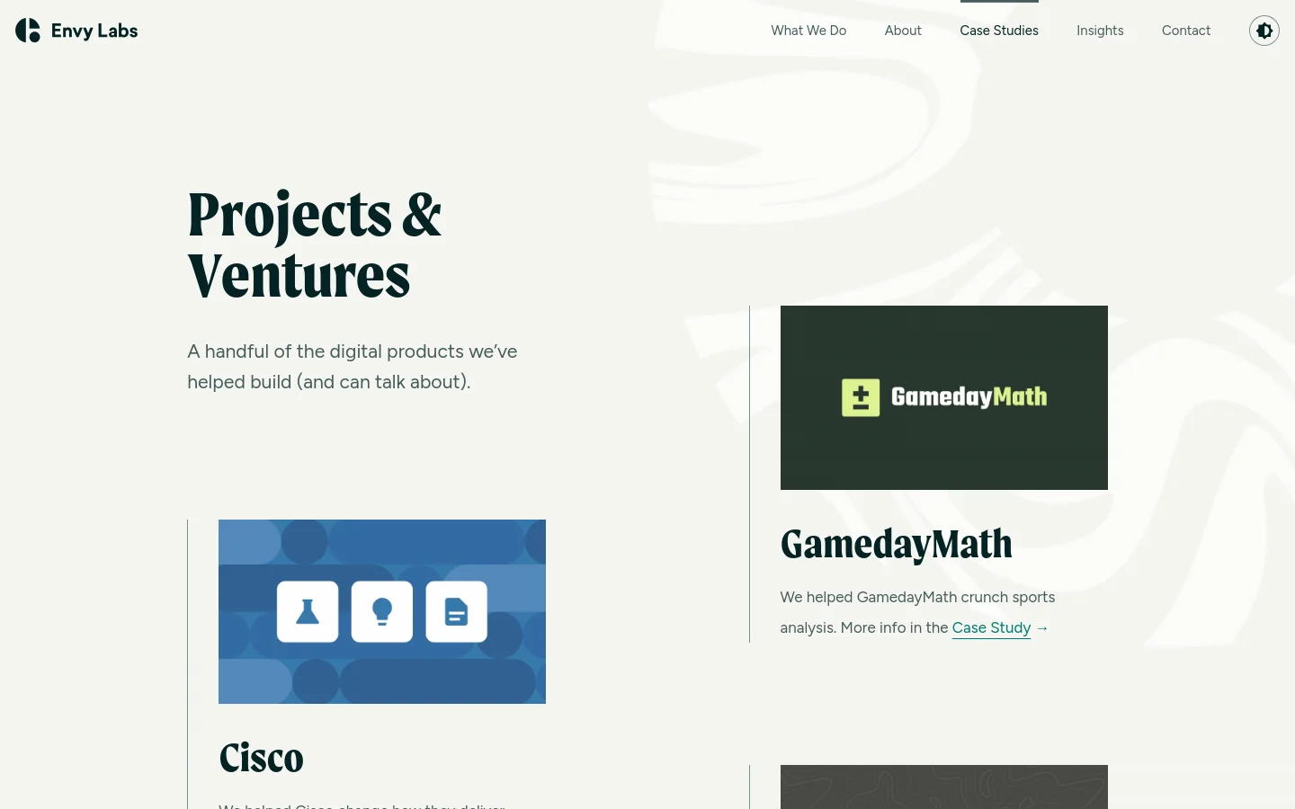 The desktop page features a minimalist design with a light background and large, bold typography for the headline 'Projects & Ventures'. A grid layout displays case study cards, each containing a large preview image, a project title like 'Cisco' or 'GamedayMath', a brief description, and a 'Case Study' text link. The navigation menu is located at the top right with links for What We Do, About, Case Studies, Insights, and Contact.