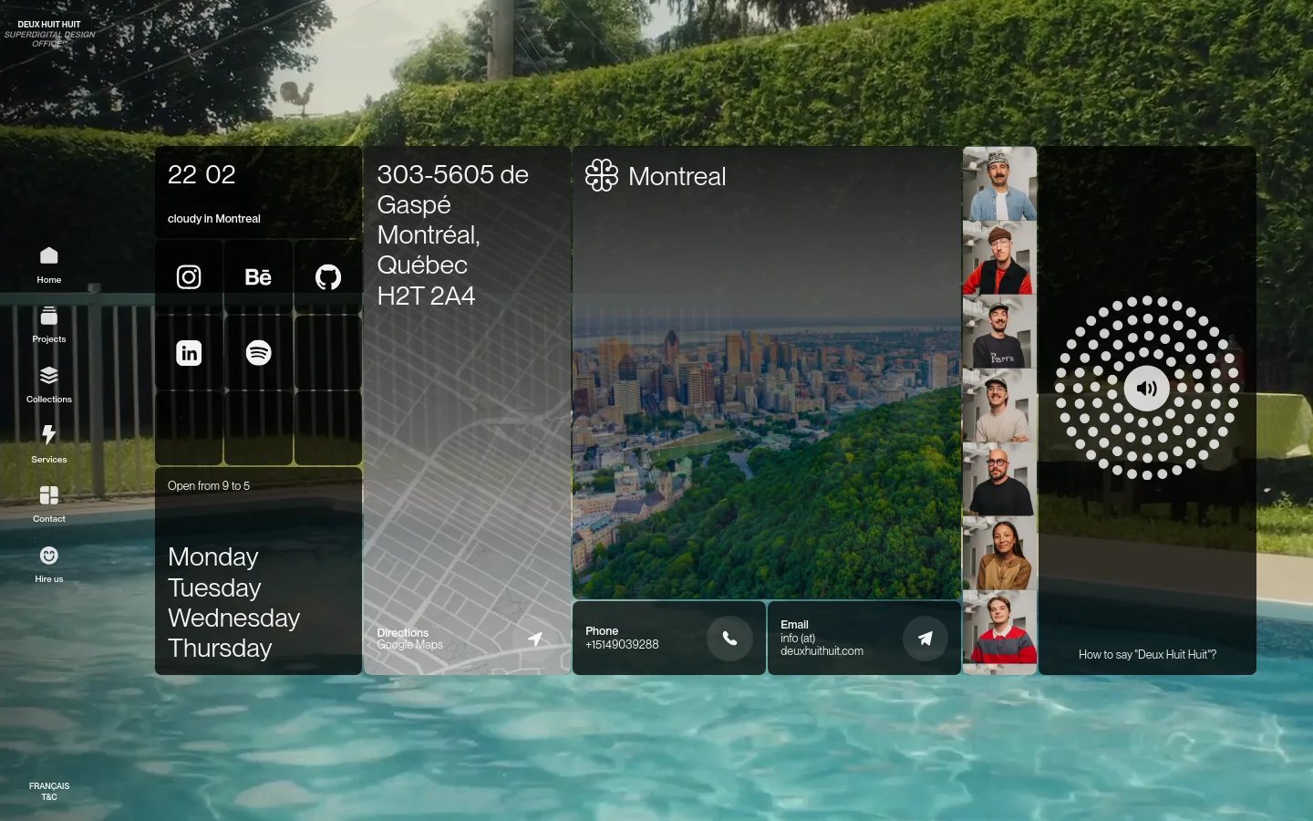 The desktop contact page features a dark, modular grid layout overlaid on a background image of a swimming pool and greenery. Information is organized into rectangular tiles containing the time, weather, address, contact details, and social media icons, alongside a vertical strip of team member portraits and a city view of Montreal.