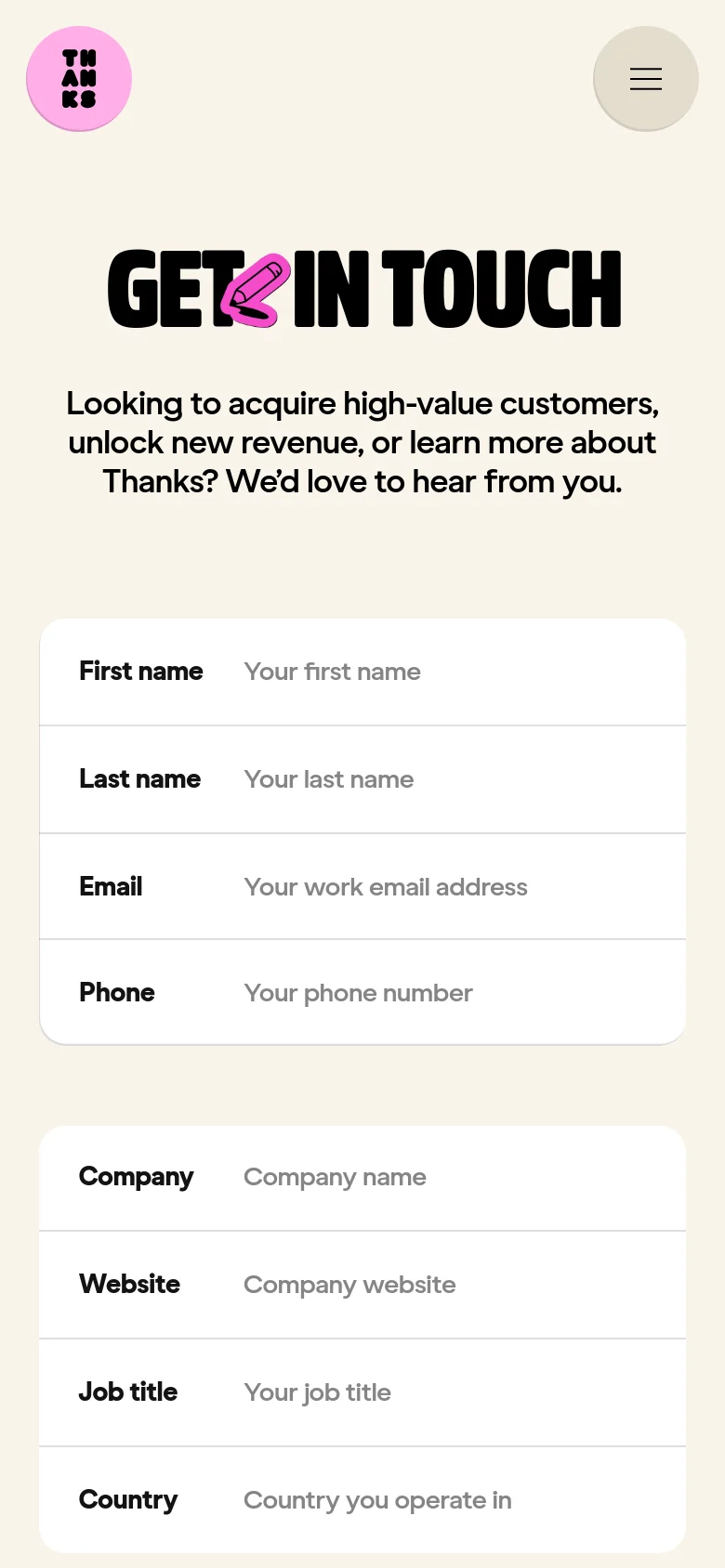 Thanks mobile contact page with a vertically stacked layout. The large black hero text and pink pencil icon are centered above a single-column form with simplified input fields for easy mobile interaction.