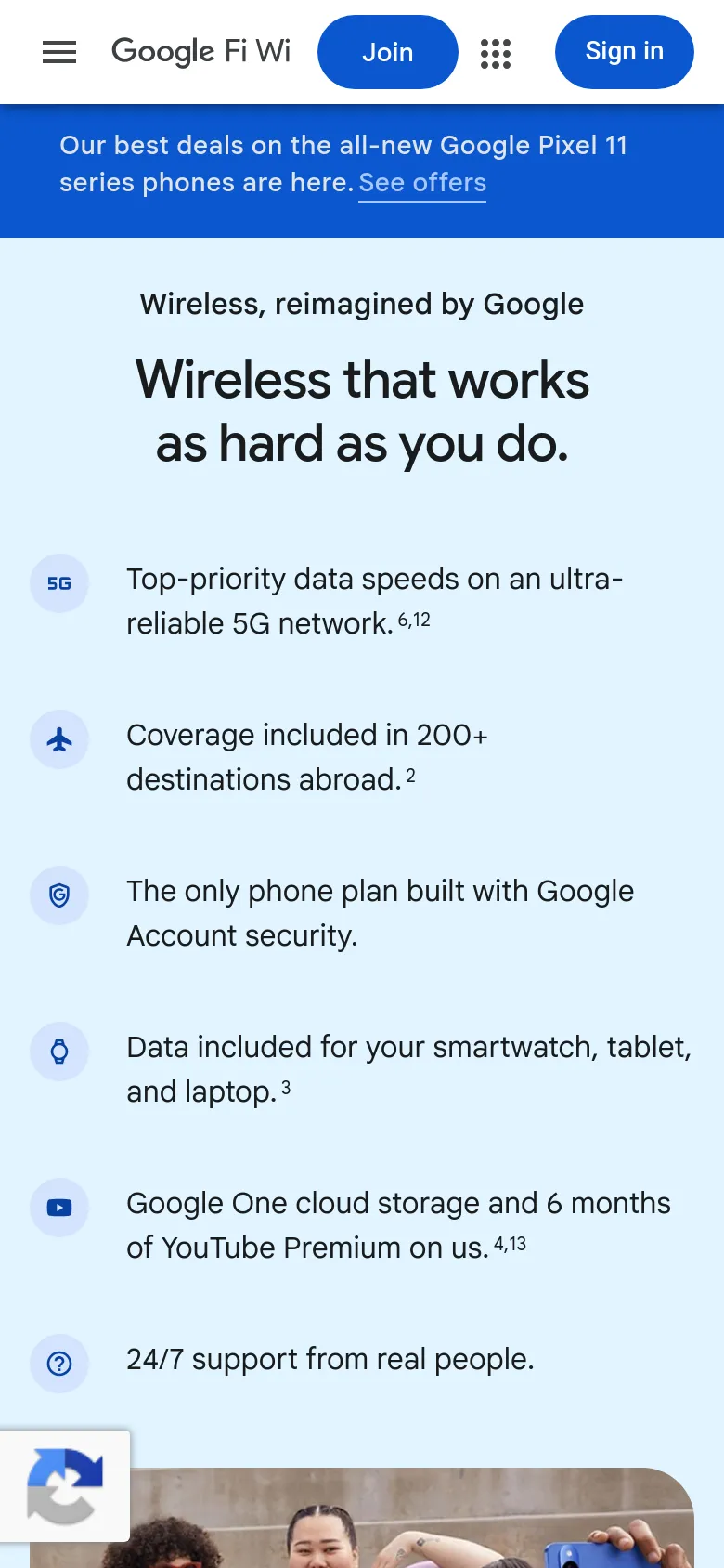 The mobile version presents a vertically stacked layout on a light blue background. The headline and service benefit list appear first, followed by the group selfie photograph below them. The top navigation is condensed into a hamburger menu, and the blue announcement banner spans the width of the screen.