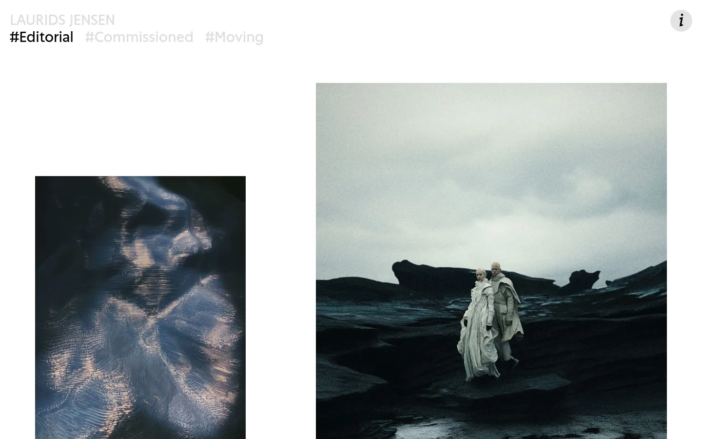 The desktop editorial page features a minimalist white background with a navigation header containing the name 'LAURIDS JENSEN' and links for '#Editorial', '#Commissioned', and '#Moving'. The main content is a two-column grid of large, high-quality photographic project previews, each paired with a bold, black title like 'STRUCTURES I' or 'REYNISFJARA'.