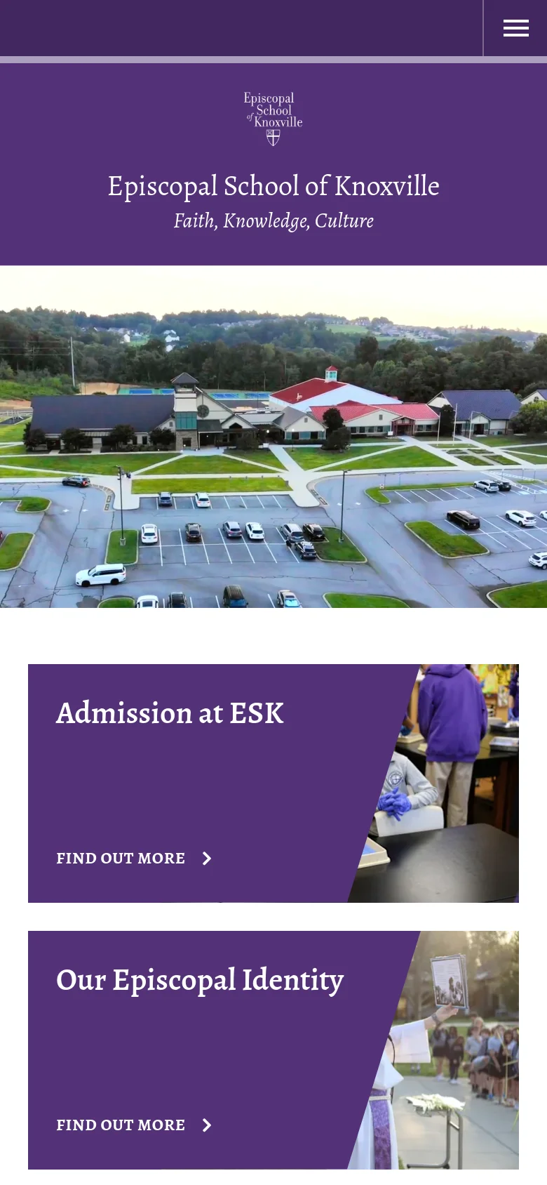 The mobile version presents a stacked layout starting with a purple header containing the school logo and name. The hero image is scaled down, followed by large, full-width purple content blocks for 'Admission at ESK' and 'Our Episcopal Identity' that include background photos and prominent 'Find Out More' buttons. Navigation is condensed into a hamburger menu icon in the top right.