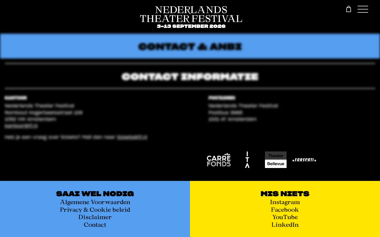 The Contact page features a black background with white text, headed by a large blue banner reading 'CONTACT & ANBI'. The layout presents contact information for the office and postal address in two columns, followed by an extensive list of NTF organization members and their email addresses. The footer is split into a blue section for legal links and a yellow section for social media links.