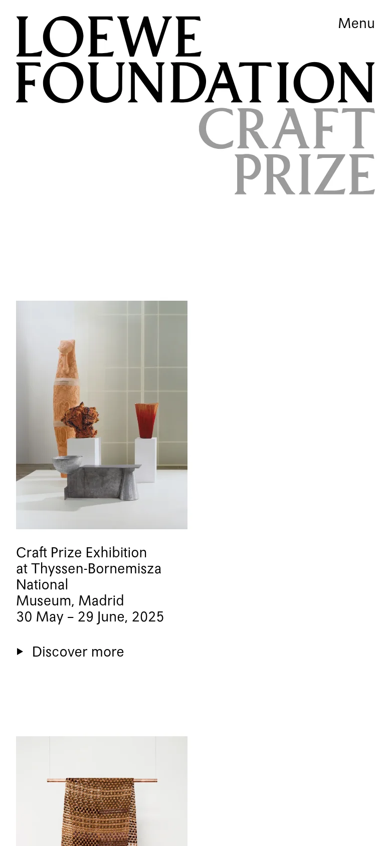 The mobile version presents a vertical stack, beginning with the large LOEWE FOUNDATION CRAFT PRIZE logo and a 'Menu' button. Below the header, a large image of a textured woven piece is followed by text announcing the Craft Prize Exhibition at Thyssen-Bornemisza Museum, with a 'Discover more' link.