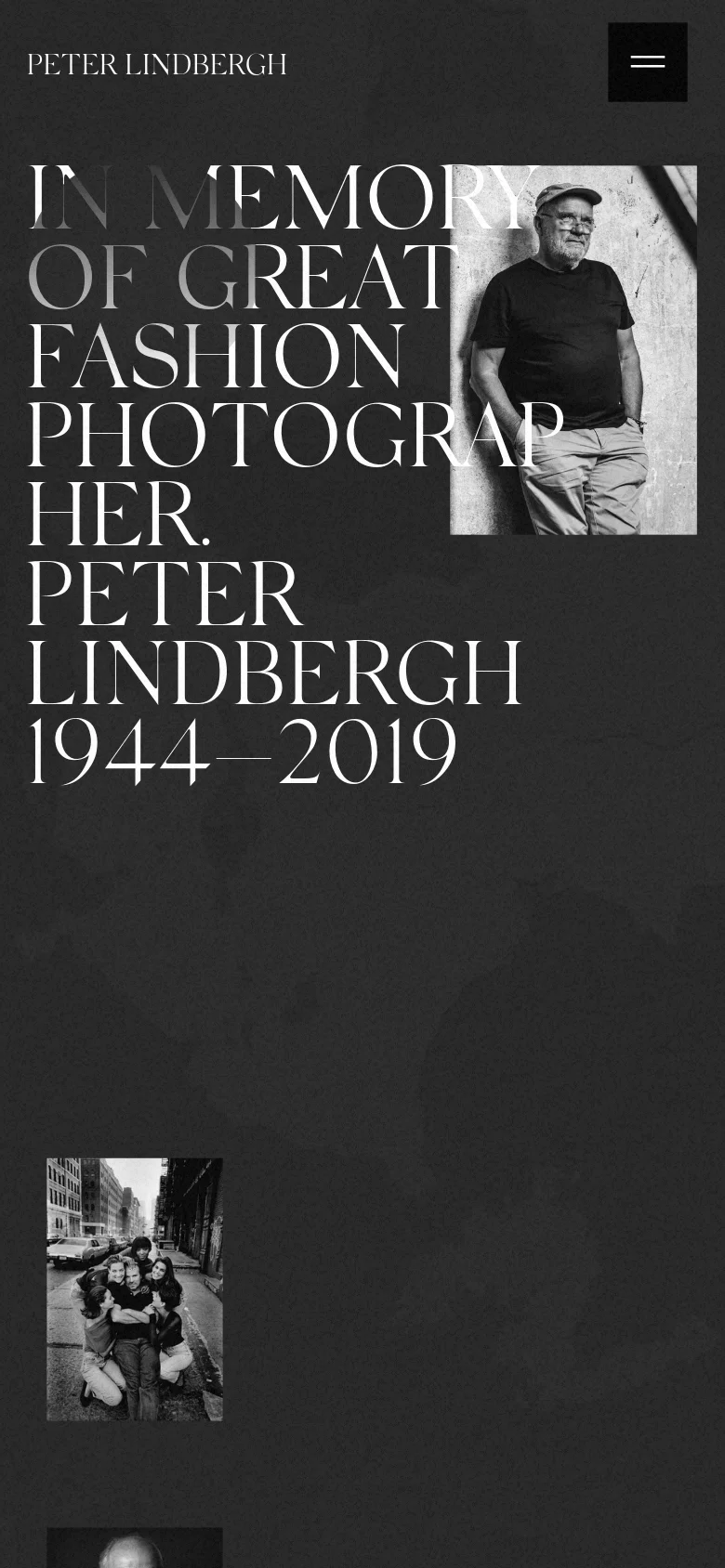 The mobile version presents a similar dark, textured aesthetic with the large white memorial headline. The layout is vertically stacked, with the portrait of Peter Lindbergh overlapping the text, and the navigation is condensed into a hamburger menu icon in the top right corner.