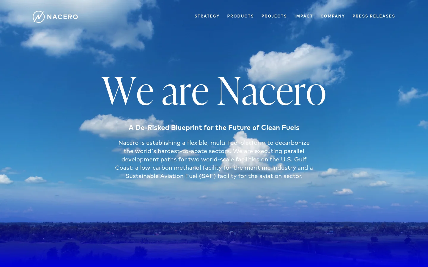 The desktop homepage features a large hero image of a bright blue sky with white clouds over a distant landscape. Centered white text reads 'We are Nacero' followed by a headline and a paragraph about decarbonizing hard-to-abate sectors. A navigation menu with links like Strategy, Products, and Projects is located at the top right.