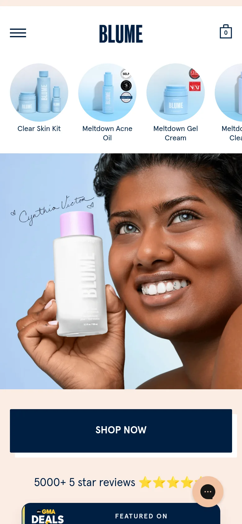 The mobile version uses a stacked layout, beginning with a horizontal scrolling product carousel of skincare kits and oils. Below this, a large hero image of a woman holding a toner bottle fills the width of the screen, followed by a prominent, full-width dark blue 'SHOP NOW' button and social proof text. The navigation is condensed into a hamburger menu icon at the top left.
