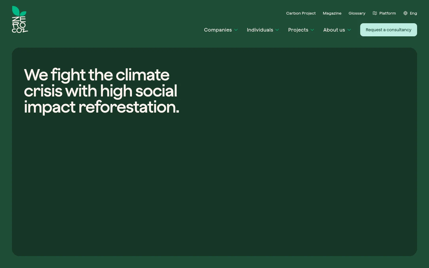 The desktop homepage features a dark green hero section with the large white headline 'We fight the climate crisis with high social impact reforestation.' A white navigation bar at the top includes the zeroCO2 logo, various menu links like Companies and Individuals, and a 'Request a consultancy' call-to-action button.