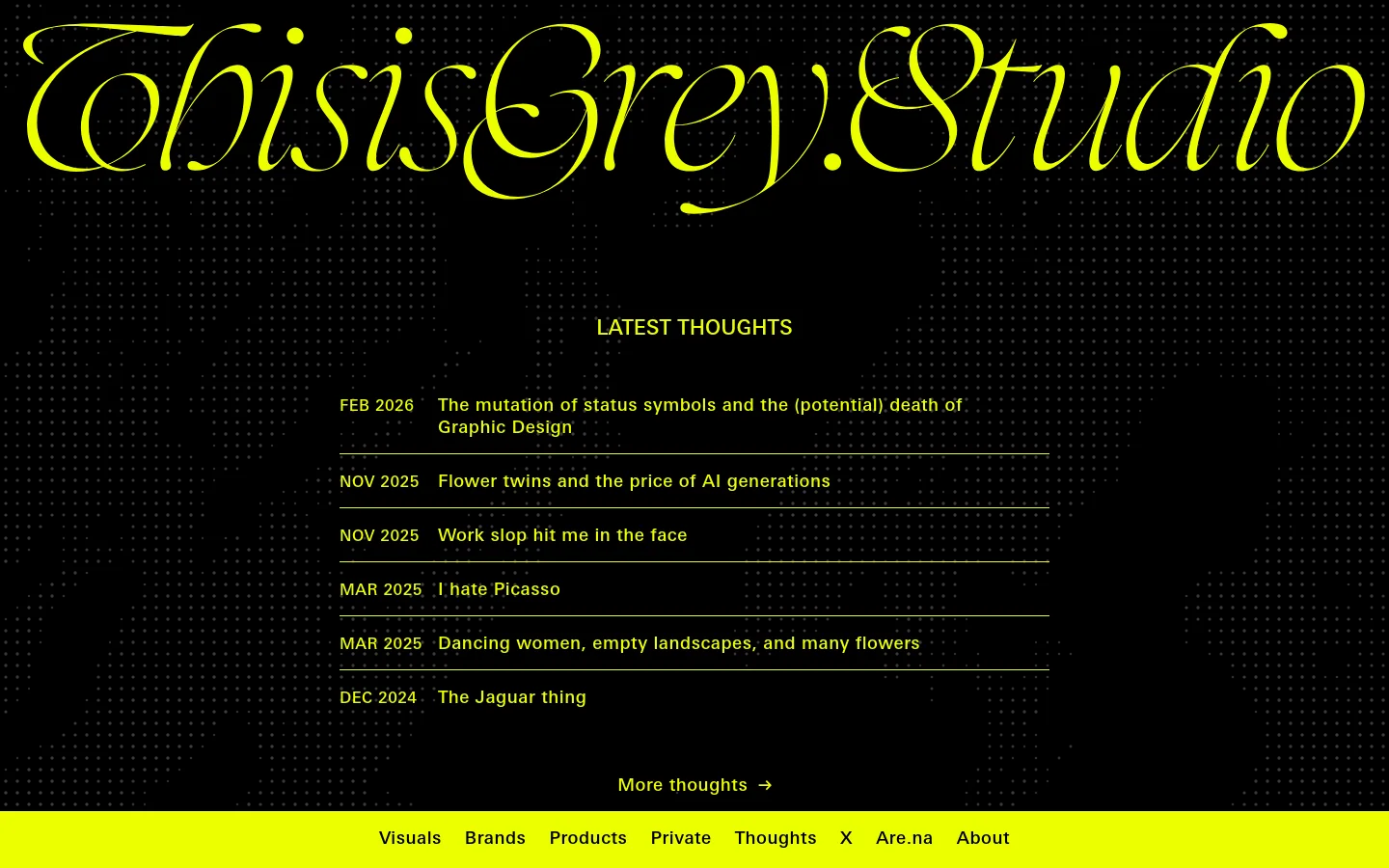 The homepage features a large, yellow cursive wordmark for 'ThisisGrey.Studio' against a black background with a subtle grey dot grid pattern. Below the header, a 'Latest Thoughts' section lists several article titles and dates in yellow text, separated by horizontal lines. A bright yellow footer contains navigation links like Visuals, Brands, and Products.