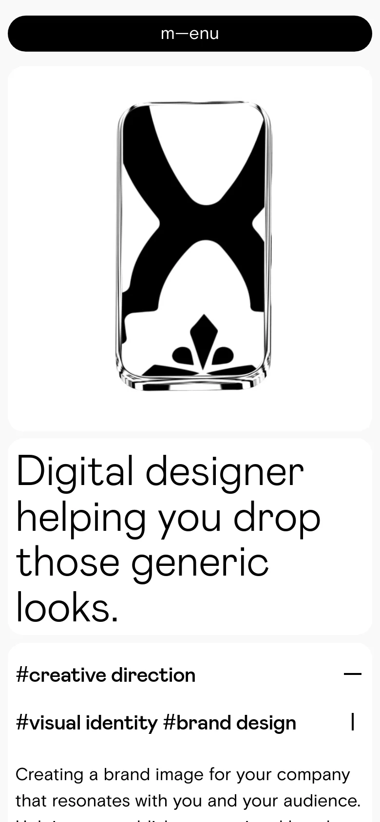 The mobile version features a stacked layout with a black 'm—enu' bar at the top. The hero graphic of the smartphone appears above the large headline, and the service descriptions are arranged vertically to fit the narrow screen width.