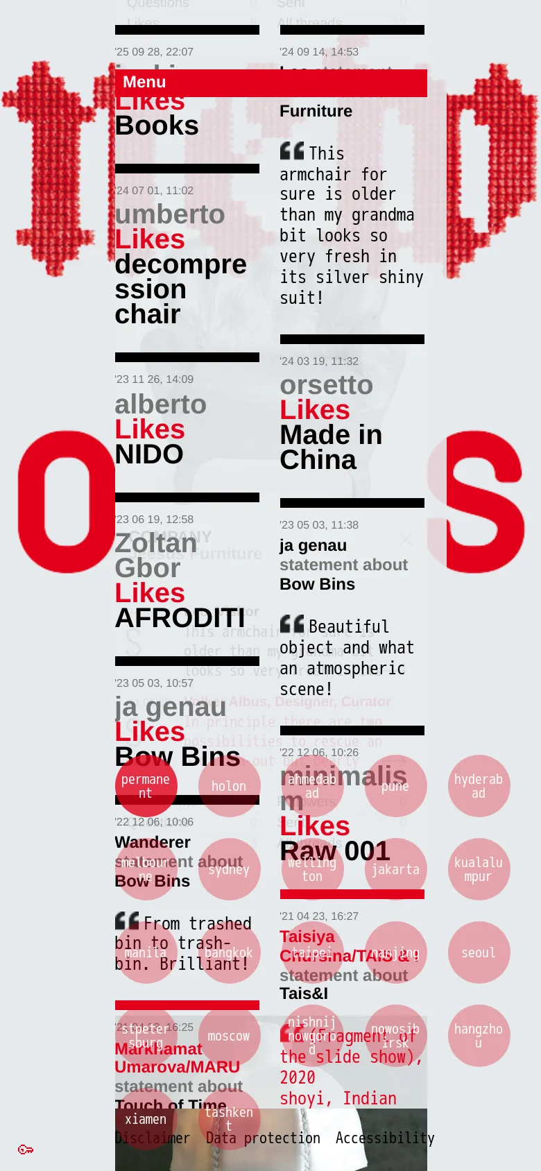 The mobile version presents the same design project cards but in a single-column vertical stack for easier scrolling. The layout is simplified, focusing on the large project imagery and essential text details, while the navigation menu and footer links are condensed to fit the narrow screen width.