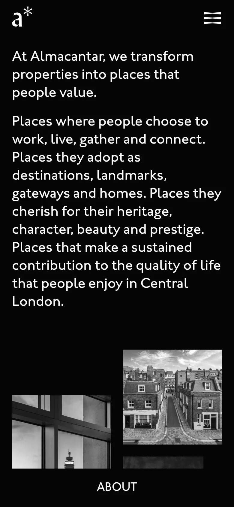 The mobile version maintains the dark aesthetic and white typography but stacks the text vertically to fit the narrow screen. The layout is simplified, removing the vertical side label, and features two black-and-white architectural images at the bottom of the scroll.