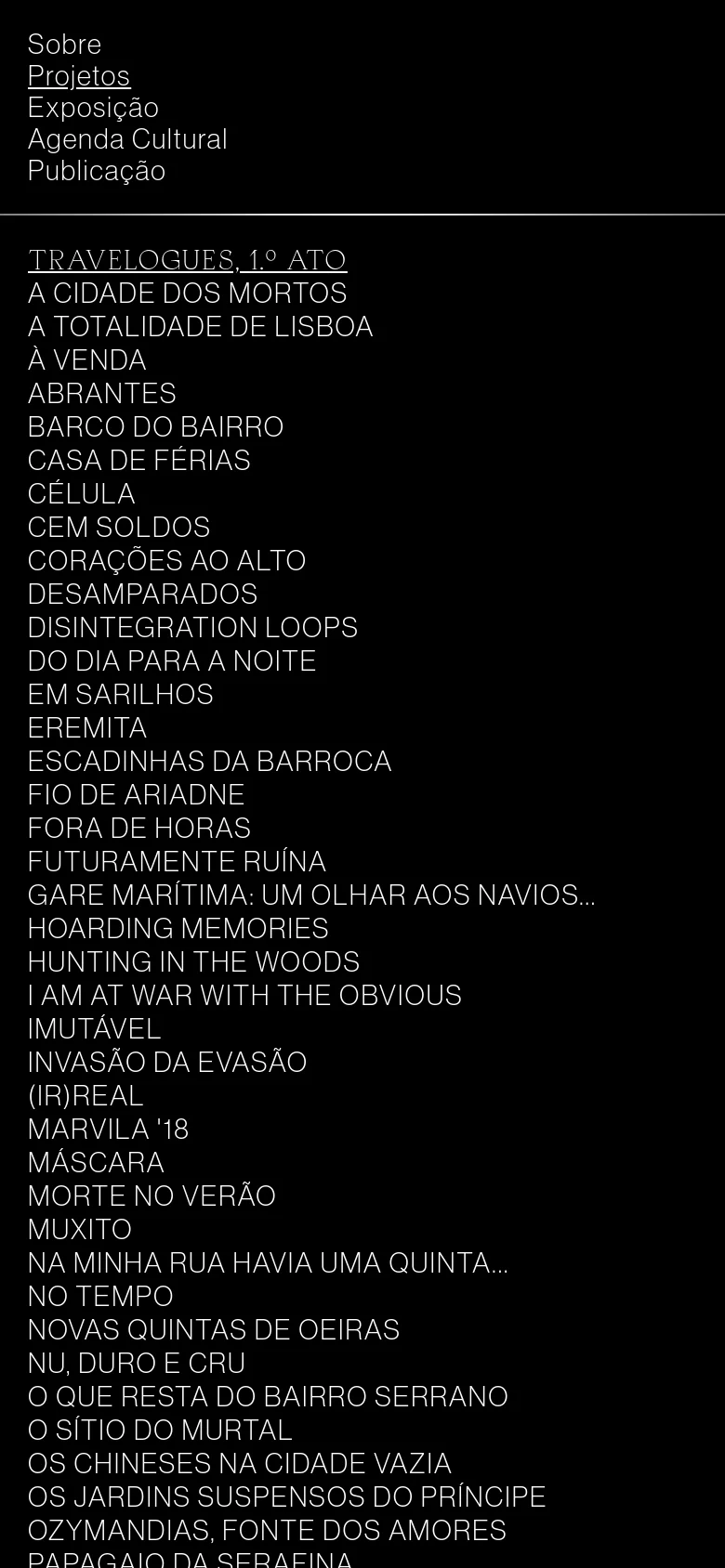 Mobile version of the Projects page with a simplified vertical layout. The hero text is centered, and the project thumbnails are arranged in a single-column stack for easier scrolling. The navigation menu is condensed, and the bottom text list is presented in a long, continuous vertical column.