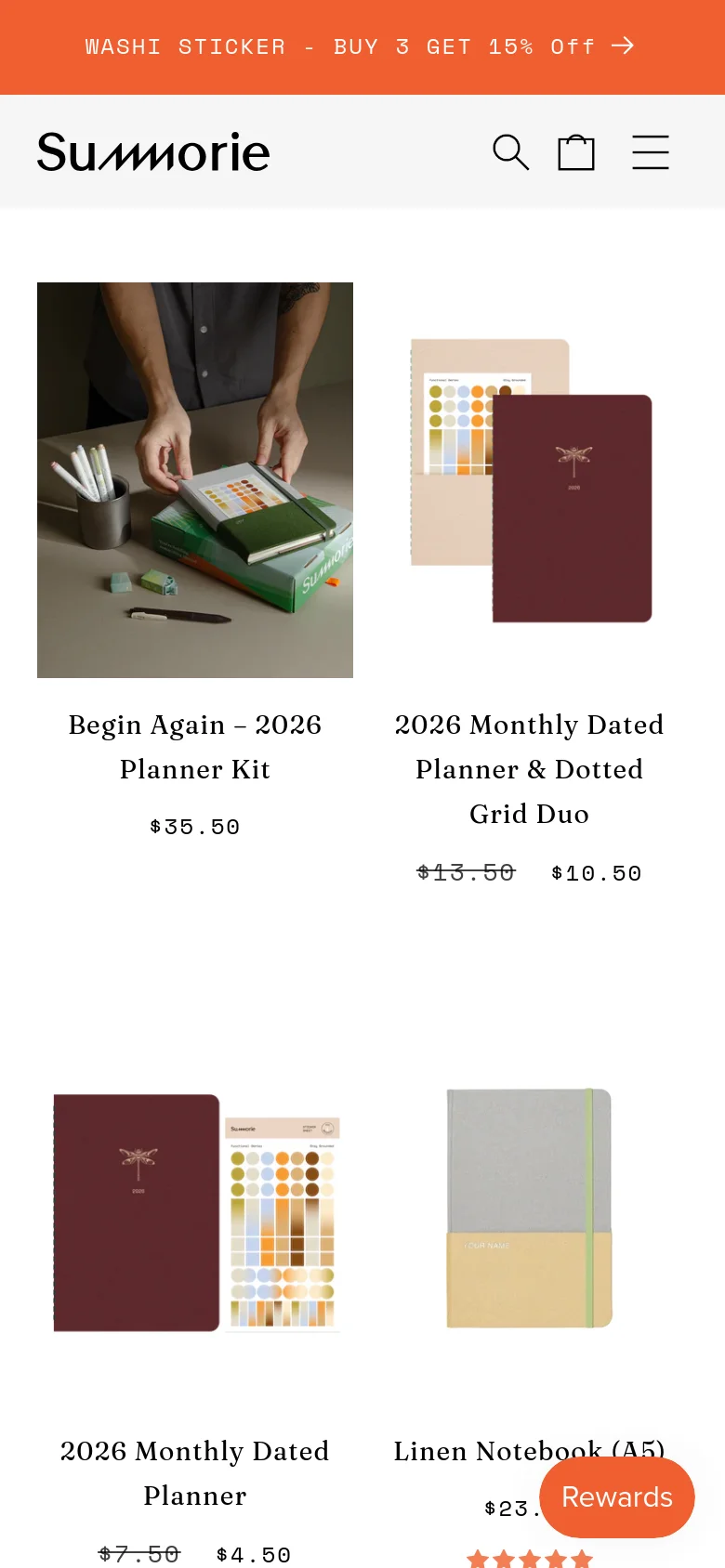 The mobile version presents a simplified single-column layout of the product grid to fit a narrow screen. The header includes the Summorie logo, a search icon, a shopping bag, and a hamburger menu icon. A floating orange 'Rewards' button is visible in the bottom right corner.
