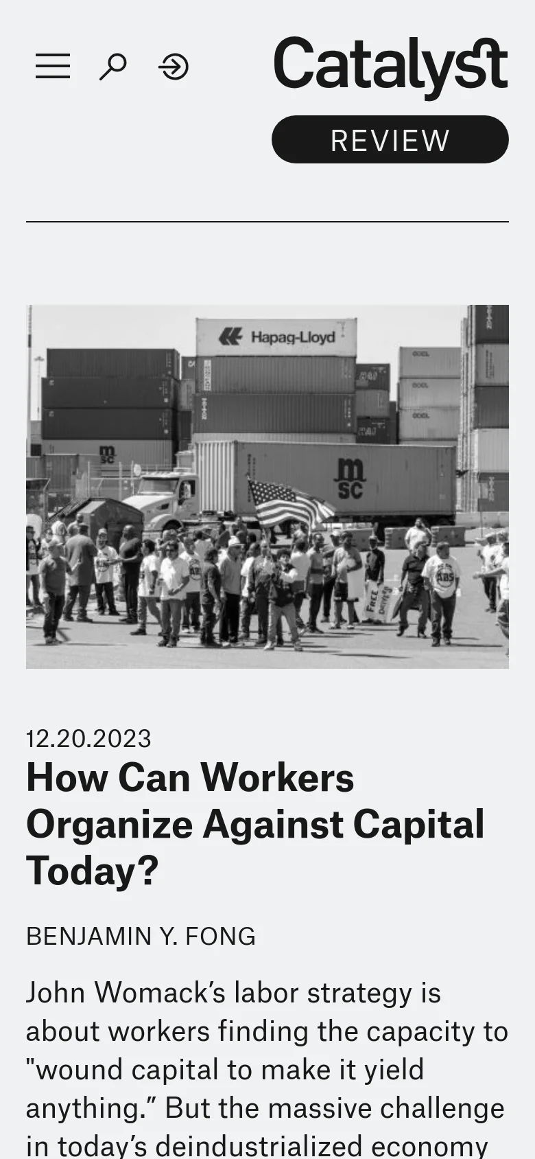 The mobile version features a single-column layout optimized for vertical scrolling. The header is condensed with a hamburger menu, search icon, and login icon, while the 'REVIEW' tag sits prominently below the Catalyst logo. The review content stacks vertically, placing the large image above the date, headline, author, and summary text.