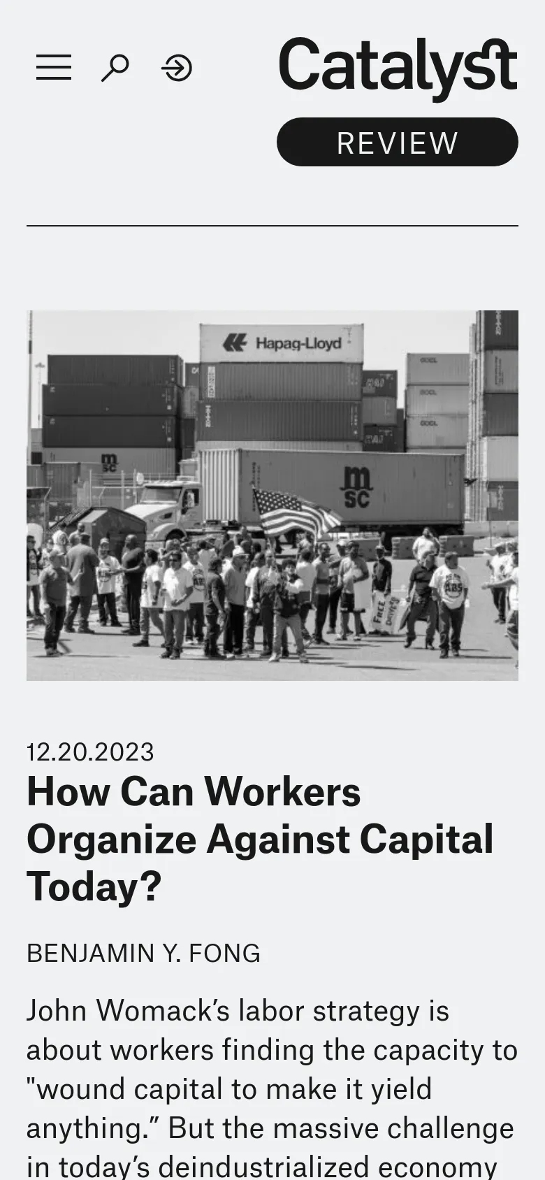 The mobile version features a single-column layout optimized for vertical scrolling. The header is condensed with a hamburger menu, search icon, and login icon, while the 'REVIEW' tag sits prominently below the Catalyst logo. The review content stacks vertically, placing the large image above the date, headline, author, and summary text.