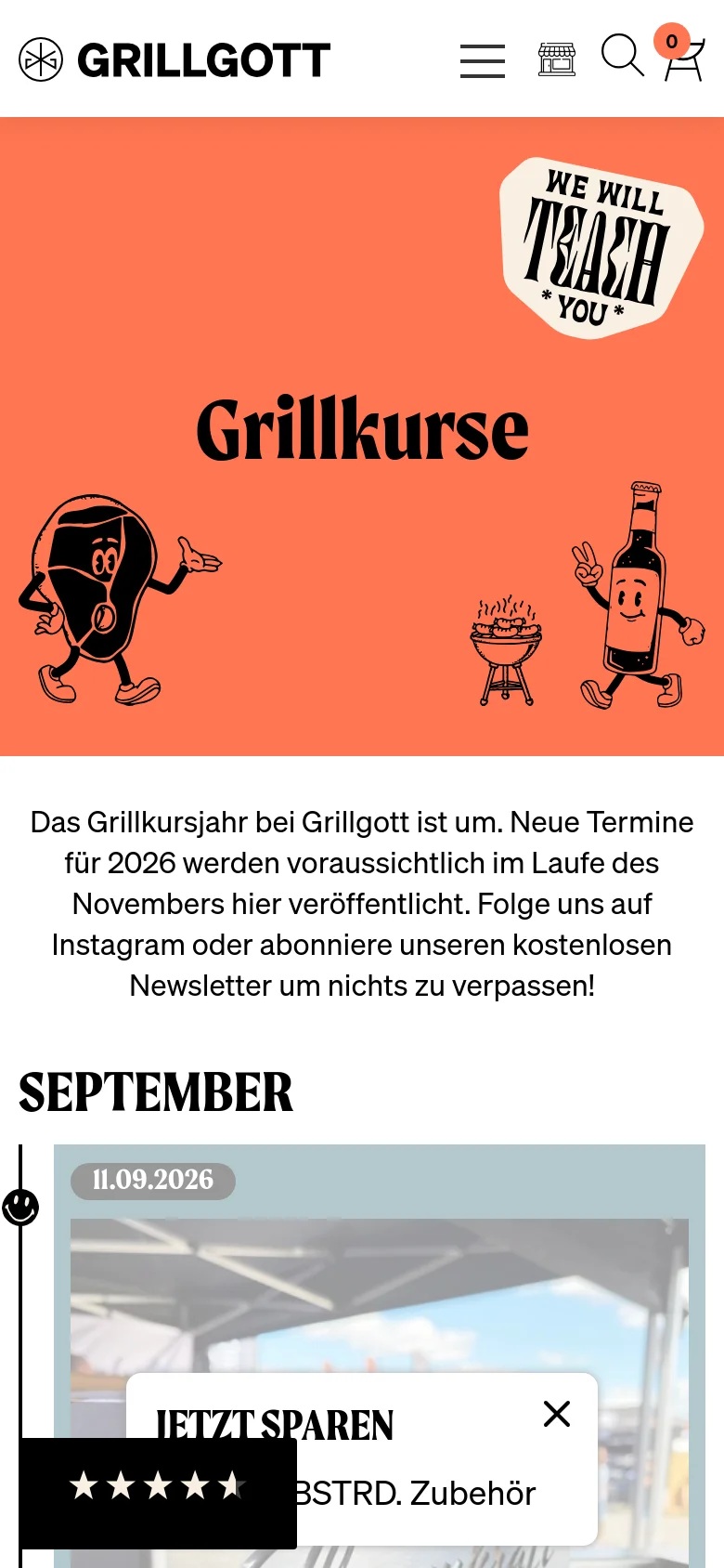 The mobile version presents a condensed view with a vertical layout, starting with a coral hero banner containing the 'Grillkurse' title and cartoon characters. A hamburger menu and shopping cart icon are visible in the header, and the main content consists of a text announcement followed by a large product card for the 'Flammkraft Grillseminar'. A promotional pop-up at the bottom offers a discount on accessories.
