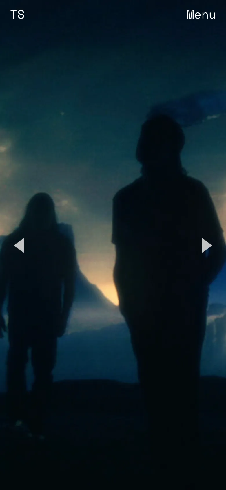 The mobile version shows a vertically cropped version of the cinematic silhouette image, focusing more closely on the central figure. The header is simplified with the initials 'TS' on the left and 'Menu' on the right, and navigation arrows are centered on the sides of the screen.